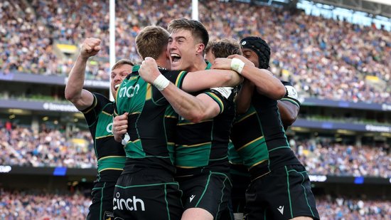 Northampton Saints celebrate victory over Leinster.